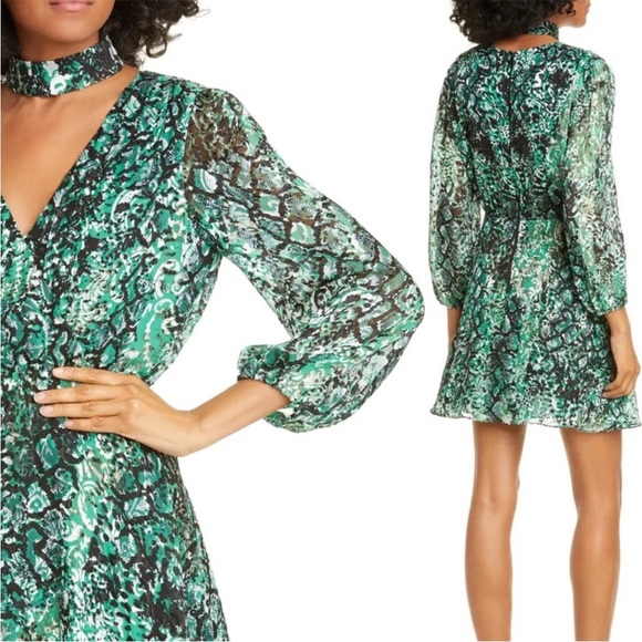 ALICE + OLIVIA Rita Green Snakeprint Silk Georgette Mini Dress Size 0 - Picture 1 of 9